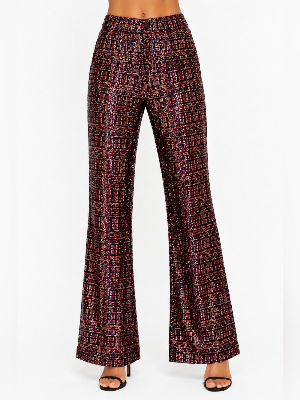 Zara XS Sequin Flare Pants Black Multicolor Disco Party Glam chic